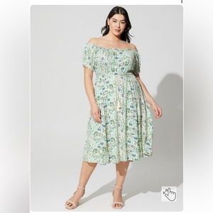 NWT Torrid 1x Green Floral Midi Challis Off-Shoulder Dress